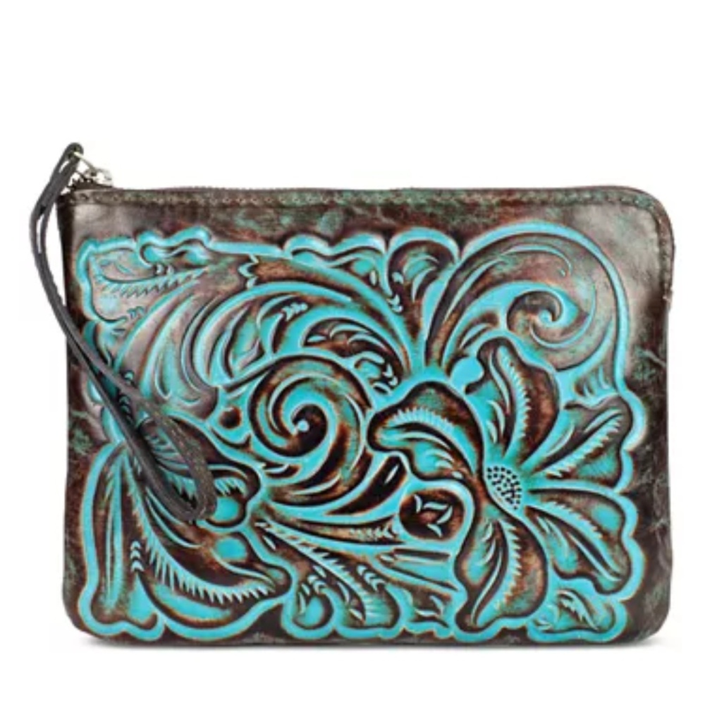 NWT • Patricia Nash • Brown Cassini Turqoise Leather Tooled Wristlet Bag Zip Clu